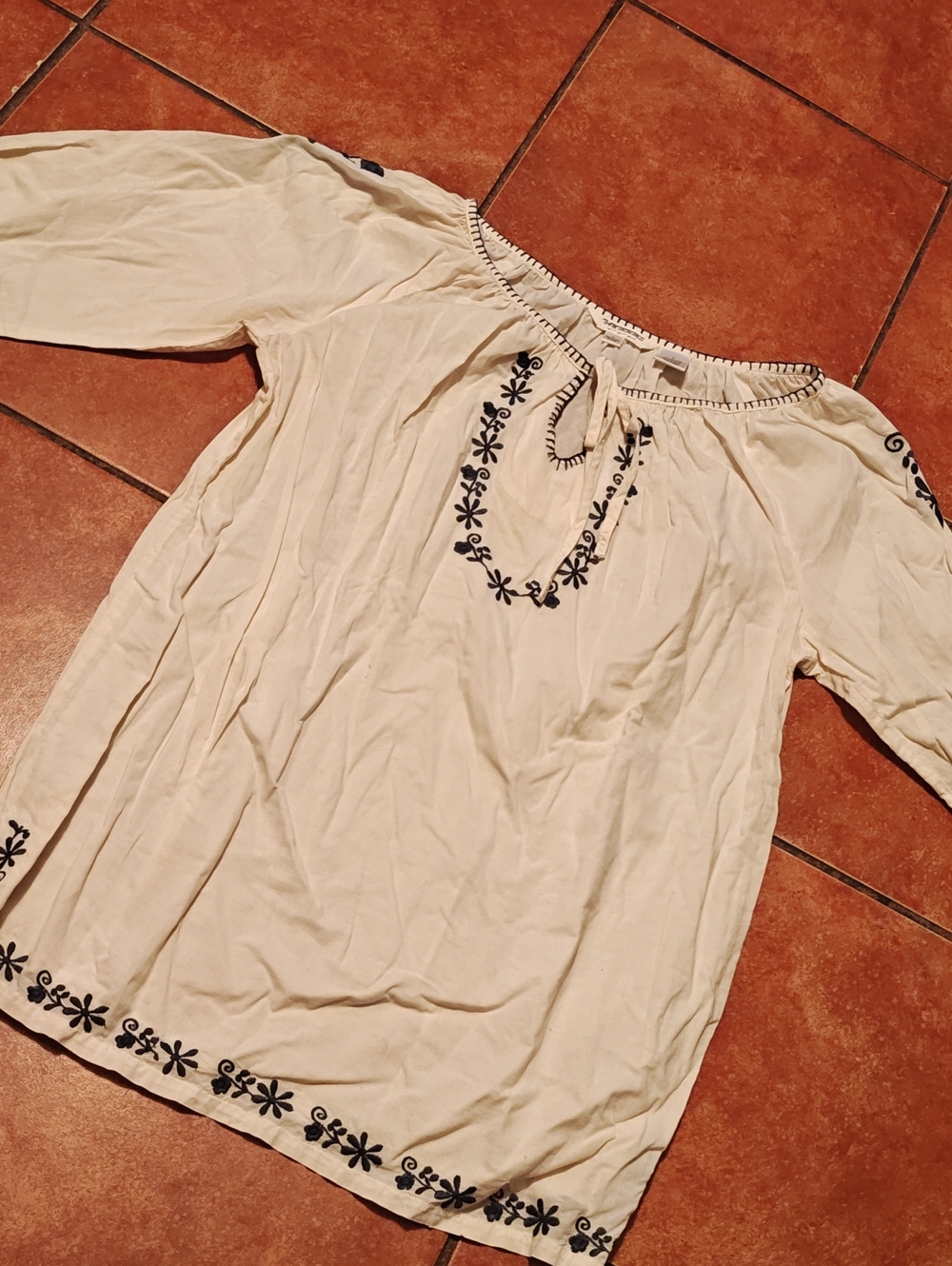 Embroidered Peasant Blouse - Cream with Black Detailing